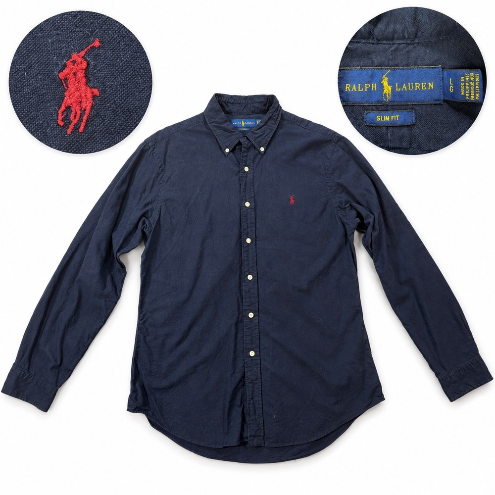 Ralph Lauren Button Down Shirt Mens Large Slim Fit Navy Blue Pony Long Sleeve